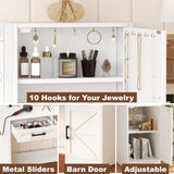 Rovaurx Vanity Table with Mirror & Lights, Farmhouse Makeup Vanity with 10 Necklace Hooks, Vanity Desk with Charging Station, 3 Color Lighting Modes, Door Cabinet, White RSZT112W Rovaurx