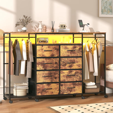 Frmobepts 59.1" W Dresser for Bedroom with Hanging Rack, 8 Drawer Dresser with LED Lights & Charging Station, Fabric Dressers with Portable Wheels,Metal Frame, Wooden Top (Rustic Brown) Frmobepts