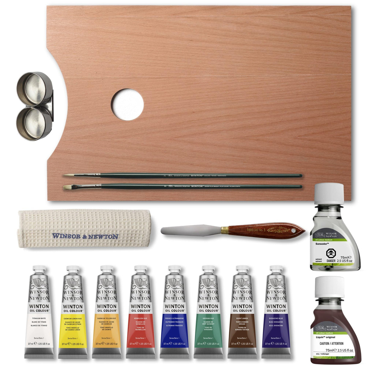 Winsor & Newton Winton Oil Colour, Wooden Paint Set 8 x 37ml Tubes (includes Liquin, Sansodor, 2 Brushes, Knife, Cloth, Godet) Winsor & Newton
