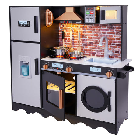 Lil' Jumbl Jumbl Kids Kitchen Set, Pretend Wooden Play Kitchen, Battery Operated Icemaker, Microwave, Range Hood, Stove Top, Oven, with Realistic Sound & Lights, Pots, Pan, & Utensils Included Lil' Jumbl