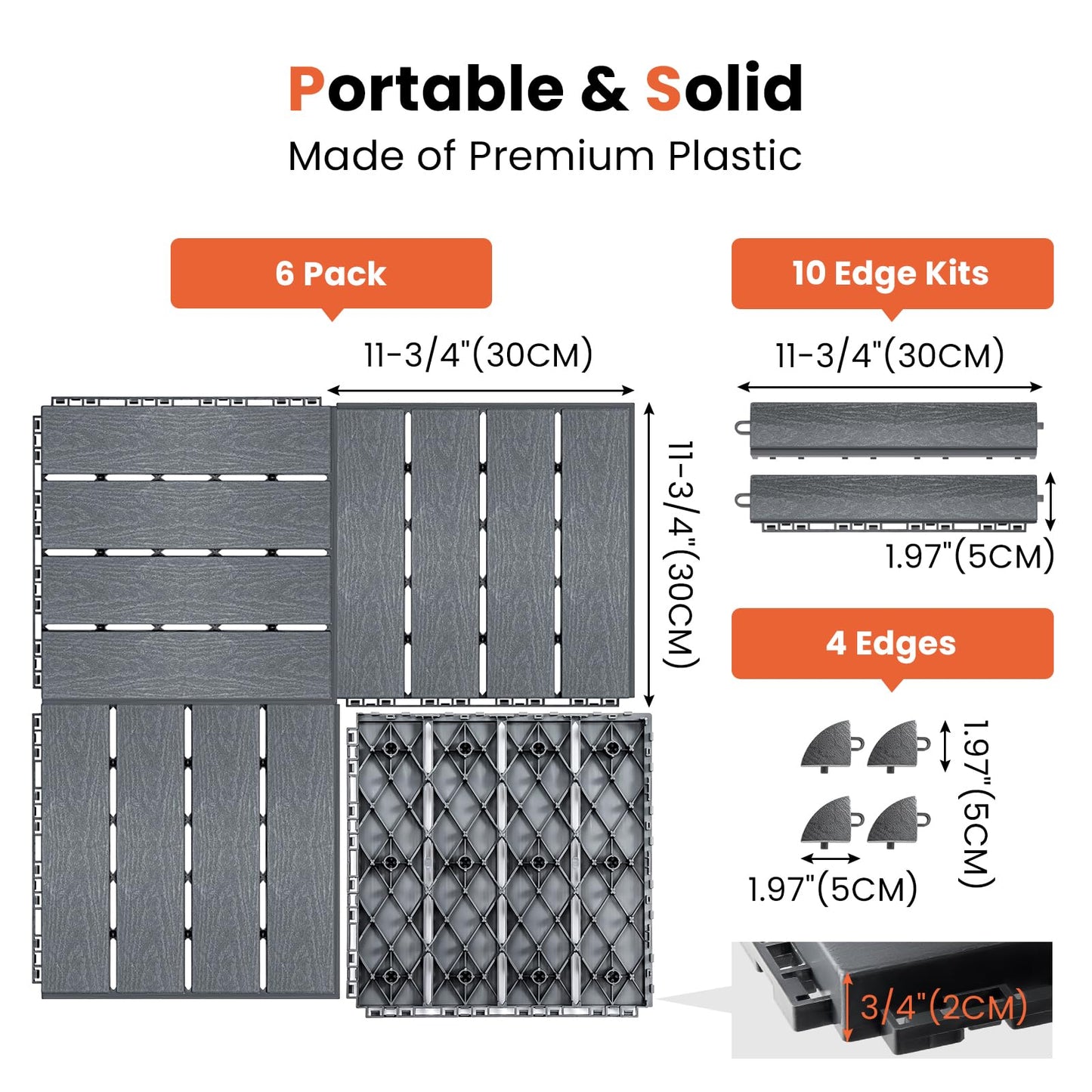 Toemics 6 Pack Interlocking Deck Tiles with 10 Transition Edge Kits 11.8"x11.8" Patio Floor Tiles Waterproof Outdoor Flooring Pallets Covering for Backyard, Shed, Basement, Dark Grey