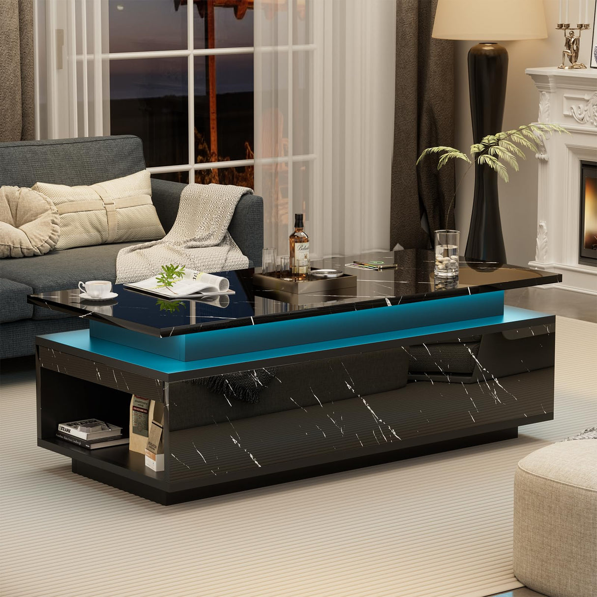 Modern LED Coffee Table, 47.2 Inches Living Room Tables with 24 Colors LED Lights, Wireless Charging and Speaker, Double-Layer Design, Stylish Coffee Tables for Living Room, Home, Office, Black PLANNTONNEO