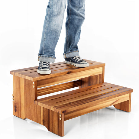 TINAMO 25" Long Step Stool for Adult & Kid - Wooden Two Step Stool 500 Lbs - Riser 2-Step Spa & Hot Tub Stairs for Pool - Heavy Duty 2 Step Stools for Bed, Kitchen, Indoor/Outdoor (Acacia Wood) Tinamo
