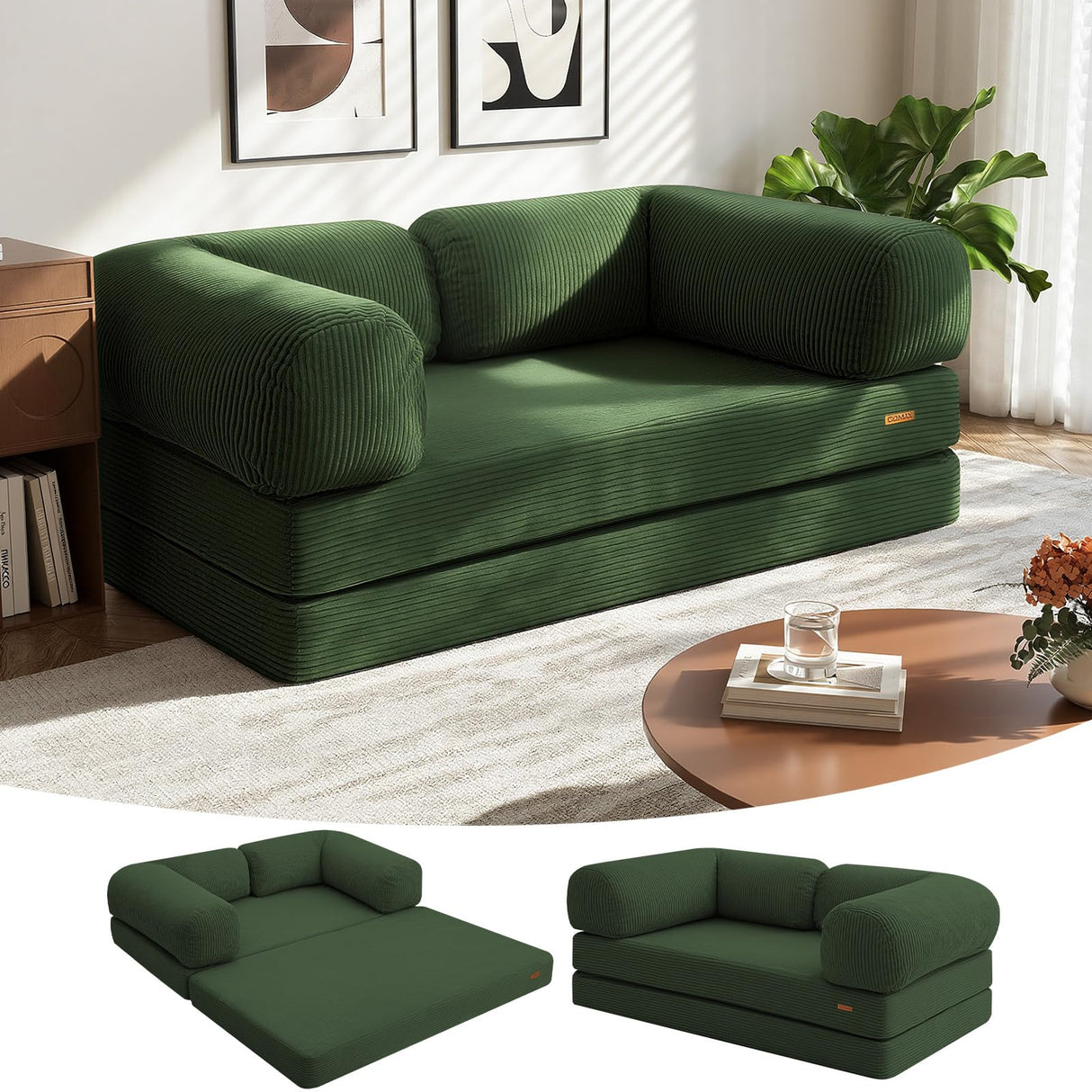 COMAX Futon Sofa Bed, 4-in-1 Floor Foldable Sofa Couch Bed Queen with L-Shaped Armrests, Convertible Folding Chair Bed Sleeper Mattress Fold Out Comfy Lounge for Living Room Bedroom, Green COMAX