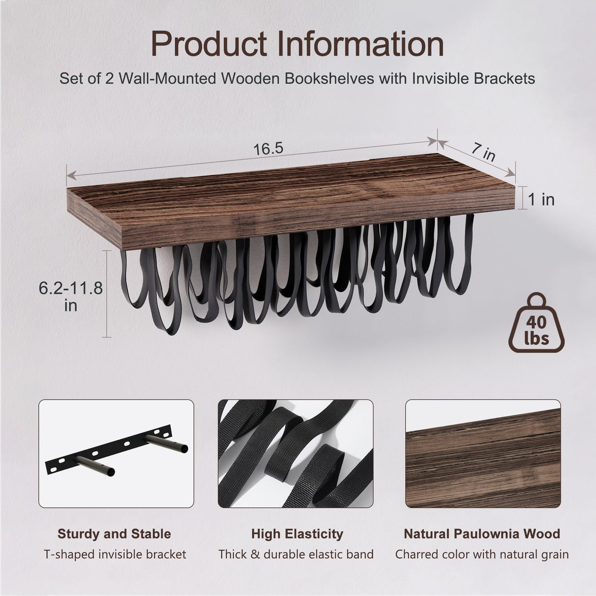 BUTUNITA Floating Bookshelves for Wall, Rustic Wood Hanging Wall Bookshelf, Upside Down Book Shelf and Wall Mounted Bookshelves for Home Decor in Bedroom, Living Room, Carbonized, 2 Pack BUTUNITA