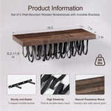 BUTUNITA Floating Bookshelves for Wall, Rustic Wood Hanging Wall Bookshelf, Upside Down Book Shelf and Wall Mounted Bookshelves for Home Decor in Bedroom, Living Room, Carbonized, 2 Pack BUTUNITA