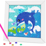 QEUOYSS Diamond Art Kit for Kids with Wooden Frame Art and Crafts for Kids Ages 6-8 -10-12 Easy to DIY Diamond Art for Kid and Adult Beginners Home Wall Decoration (Dolphin) QEUOYSS