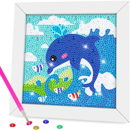QEUOYSS Diamond Art Kit for Kids with Wooden Frame Art and Crafts for Kids Ages 6-8 -10-12 Easy to DIY Diamond Art for Kid and Adult Beginners Home Wall Decoration (Dolphin) QEUOYSS