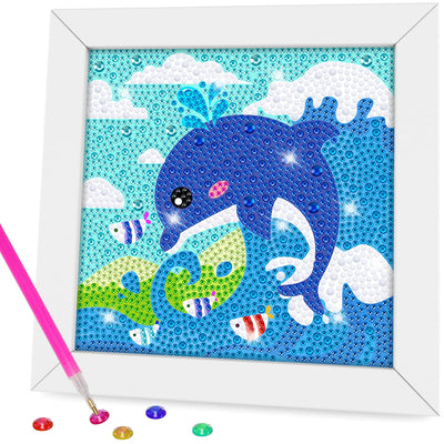 QEUOYSS Diamond Art Kit for Kids with Wooden Frame Art and Crafts for Kids Ages 6-8 -10-12 Easy to DIY Diamond Art for Kid and Adult Beginners Home Wall Decoration (Dolphin)