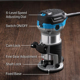 Genmitsu 1.25 HP 65mm Diameter Palm Trimmer Router, Compact Router Wood Tool With Fixed Base, 6 Variable Speeds 10000-30000 R/MIN, with 1/4“ Collet, Perfect for CNC Woodworking & DIY Project Genmitsu