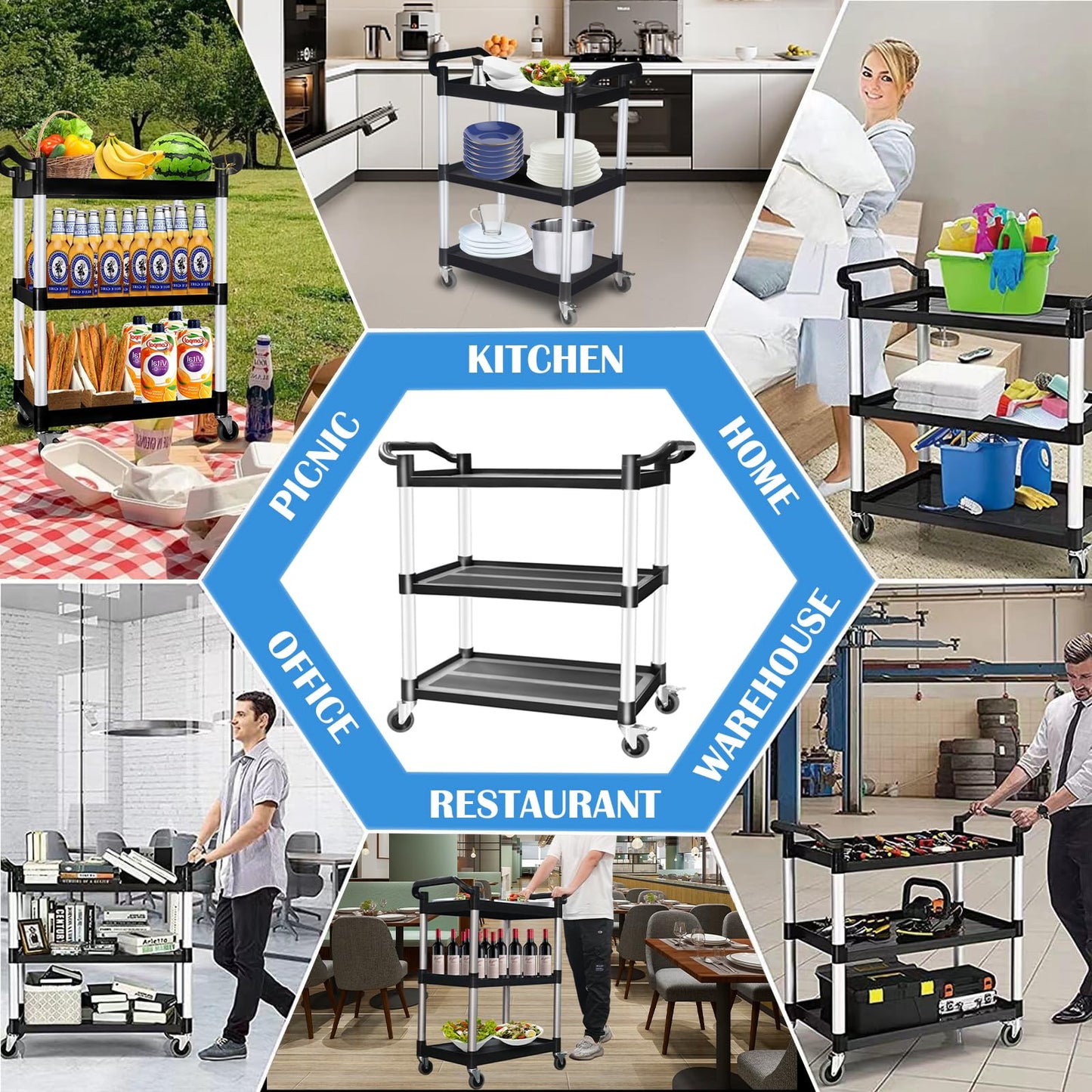 ANRYAGF Utility Carts with Wheels, 3 Tier Rolling Cart with Wheels, Kitchen Food Cart on Wheels, Heavy Duty Cart 510 lbs Capacity, Lockable Wheels, Rubber Hammer, 16.9" D x 31.5" W x 39.5" H