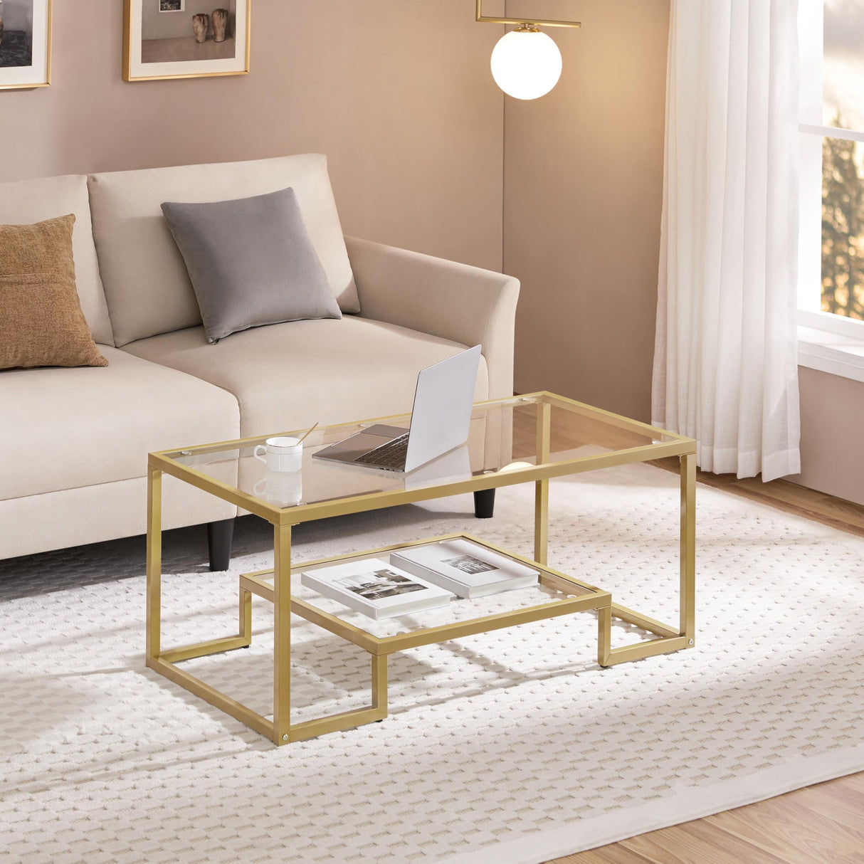 Yaheetech Gold Coffee Table, 42" Rectangular Glass Coffee Table for Living Room, 2-Tier Center Tea Tables with Metal Frame for Small Space, Apartment, Office Yaheetech