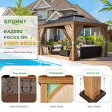 EROMMY 10'x12' Hardtop Gazebo, Wooden Finish Coated Aluminum Frame Gazebo with Galvanized Steel Roof, Outdoor Metal Gazebos with Curtains and Nettings for Patio, Backyard, Deck and Lawns EROMMY