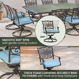 Hanover Traditions 11-Piece Modern Outdoor Dining Set with Rust Resistant Cast Aluminum Rectangular Large Dining Table and 10 Swivel Rocker Chairs with Plush Weather Resistant Blue Cushions Hanover