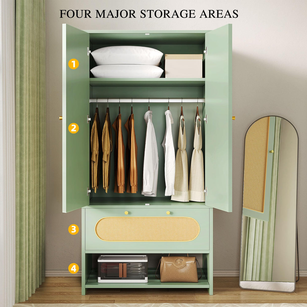 DWVO Rattan Armoire Wardrobe - 70" Tall Rattan Closet with Doors, Large Storage Cabinet with Drawers & Hanging Rod, Bedroom Armoire - Green DWVO