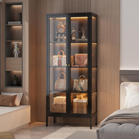 SteeLoong 66"Glass Display Cabinet with 3 Color LED Lights,Metal Curio Cabinet with Glass Doors,4-Tier Display Case for Collectibles,Book,Plant,Black Storage Cabinets For Living Room-Assemble Required SteeLoong