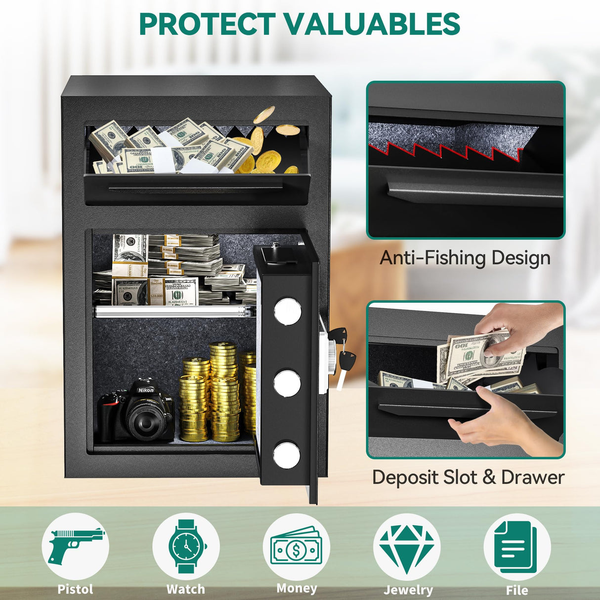 YITAHOME Safe with Drop Slot, 2.5 Cubic Feet Depository Drop Safes with Electronic Code Lock, Drop Safe for Business with Fireproof Document Bag, Deposit Cash Drop Box for Home Office Hotel YITAHOME