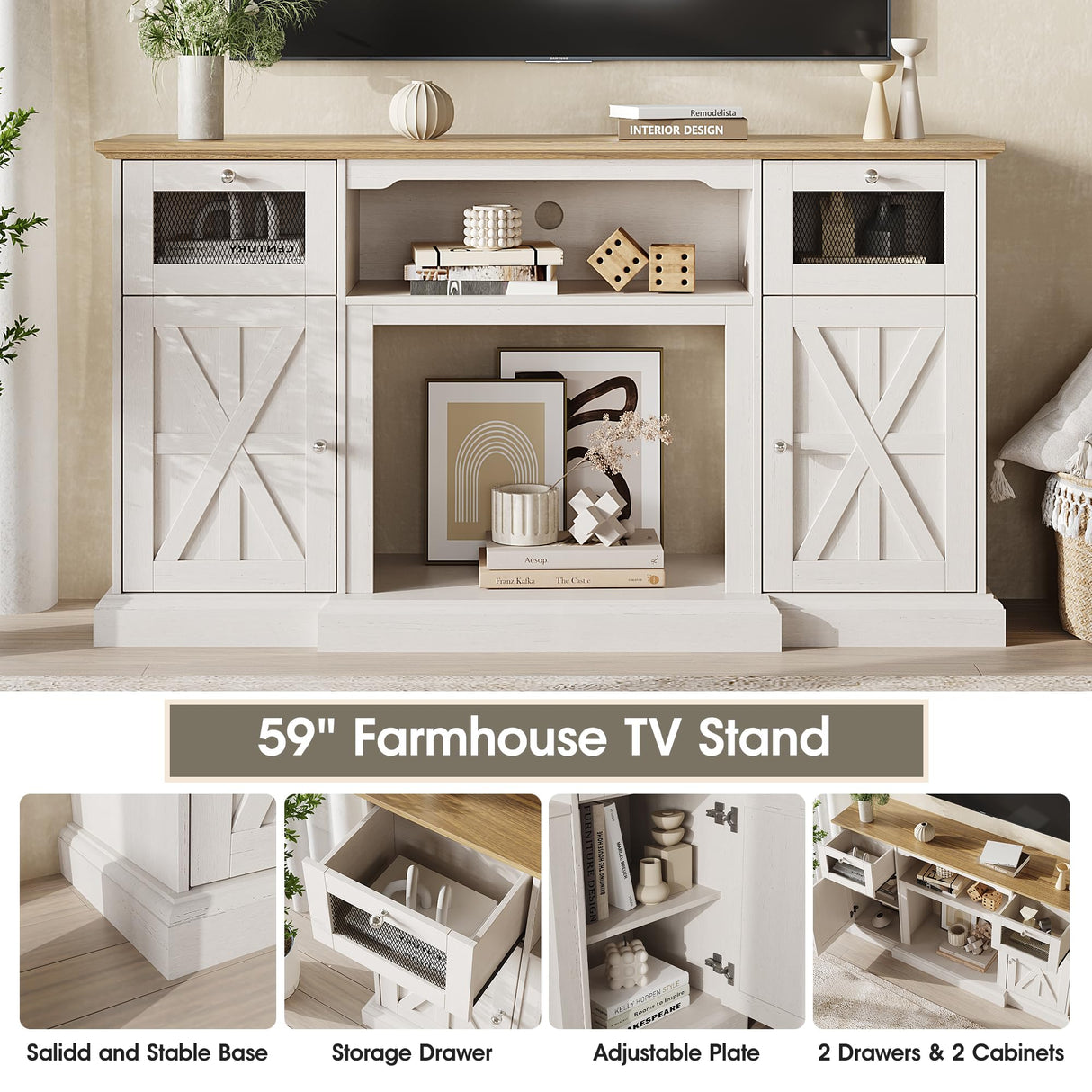 Maupvit Modern Farmhouse TV Stand for 65 Inch TV, Entertainment Center with Storage Cabinets and Adjustable Shelves, Wood TV Media Console Storage Table and Media Furniture for Living Room, Milk White Maupvit