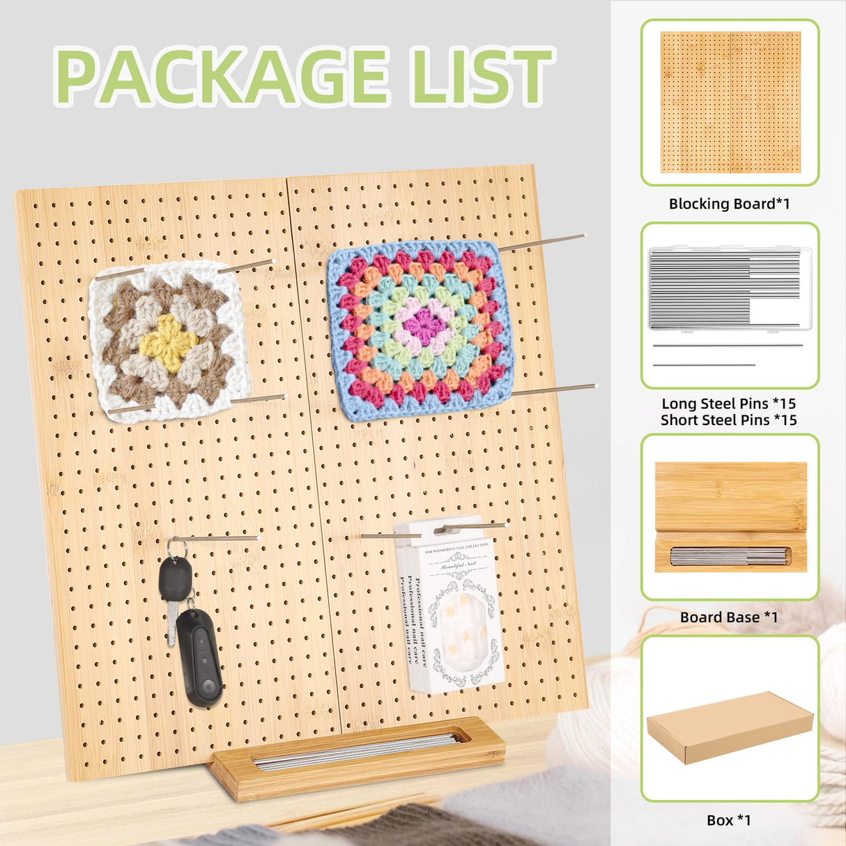 15.4" Foldable Crochet Blocking Board, Upgrade Large Blocking Board Crocheting with 30 Pcs Pins, Granny Square Blocking Boards Crochet Projects, Wooden Knitting Blocking Board for Blocking Crochet CESUSME