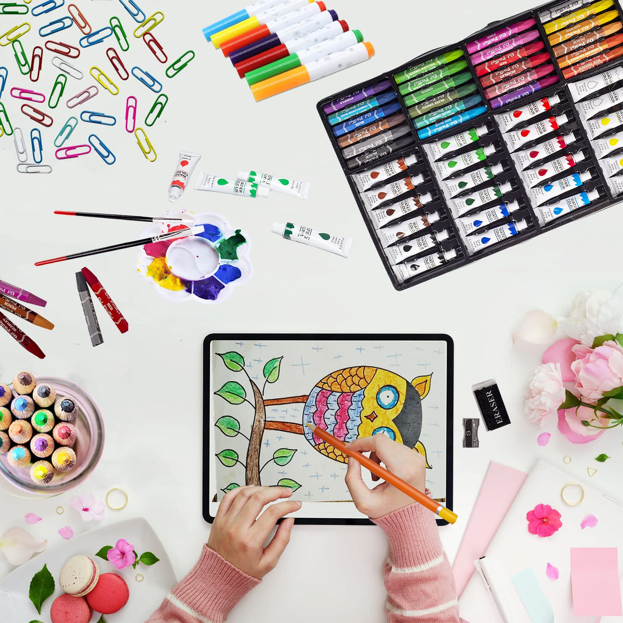 KINSPORY Art Supplies, 139 Pack Painting Drawing Art Kit with 2 Sketch Pads, Deluxe Double Layers Art Set Crafts, Colored Pencils, Oil Pastels, Watercolor Paints, Gift for Artists Kids (Rose Pink) KINSPORY