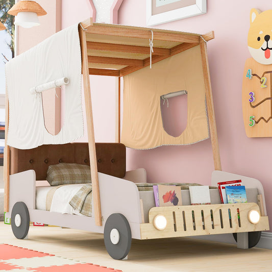 Bellemave Twin Size LED Race Car Bed with Tufted Headboard and Canopy for Kids - WoodArtSupply