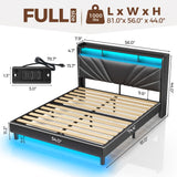 Rolanstar Full Size Bed Frame, Storage Headboard with Charging Station and LED Lights, Upholstered Bed with Heavy Duty Wood Slats, No Box Spring Needed, Noise Free, Easy Assembly, Black Rolanstar