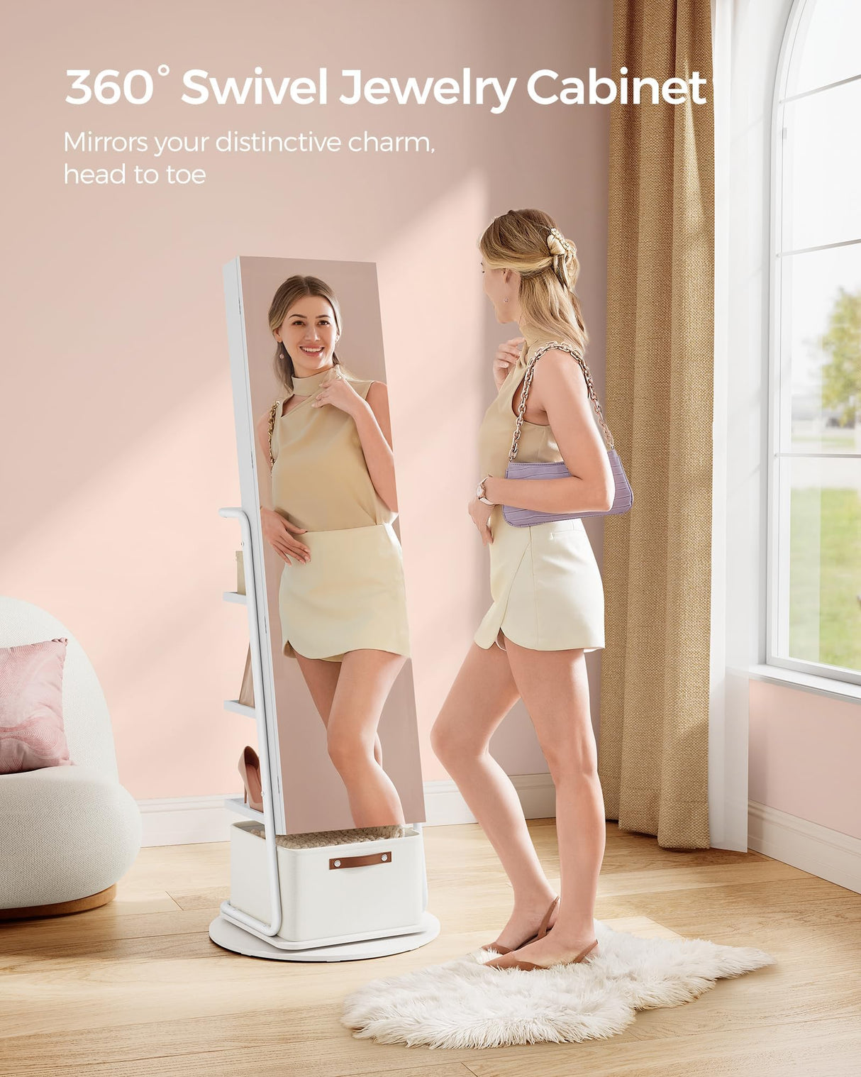 SONGMICS 360° Swivel Mirrored Jewelry Cabinet with Lights, Full-Length Mirror with Jewelry Storage, Standing Jewelry Armoire Organizer, with Large Storage Basket, Makeup Shelf, Cloud White UJJC018W01 SONGMICS