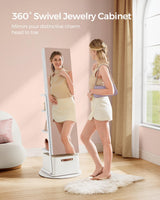 SONGMICS 360° Swivel Mirrored Jewelry Cabinet with Lights, Full-Length Mirror with Jewelry Storage, Standing Jewelry Armoire Organizer, with Large Storage Basket, Makeup Shelf, Cloud White UJJC018W01 SONGMICS