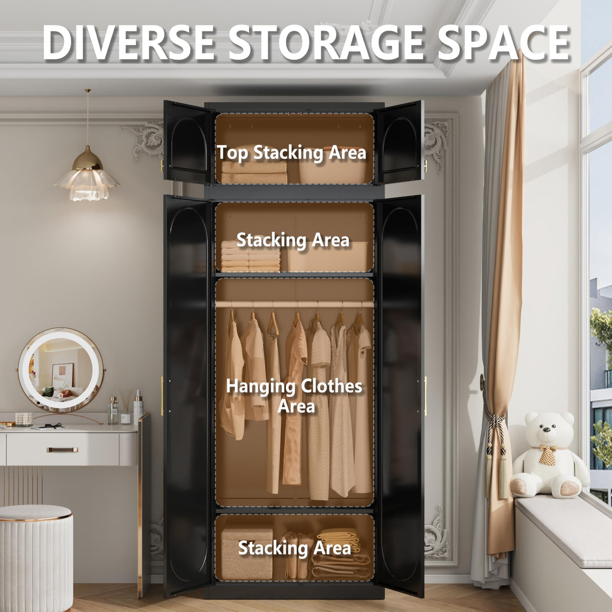 Polup Metal Armoire Wardrobe Closet, 86 Inch Tall Freestanding Wardrobe Cabinet with Hanging Rod, Bedroom Armoires with Doors, 18" D x 32" W x 86" H, Black, Assemble Required, Shipped in Two Packages Polup