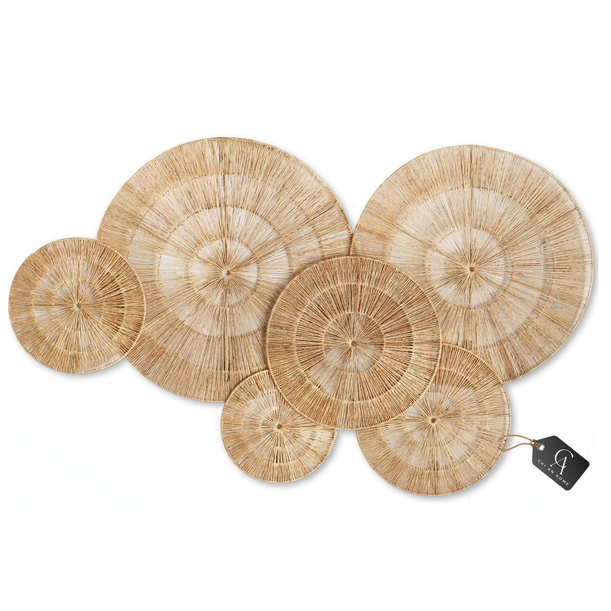 CHI AN HOME Wicker 23 Inch Jute Wall Decor Baskets, Set of 6 Extra Large Woven Jute Wall Plates, 23",21",15",13",12,10", Decorative Baskets for Wall Arts, Wall Hanging for Bedroom, Living Room, Office Chi An Home