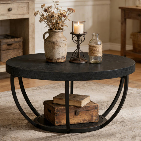 Tribesigns Round Coffee Table, Farmhouse 32" Circle Coffee Table for Living Room, Modern 2-Tier Wood Accent Center Table with Storage Open Shelves, Black Tribesigns