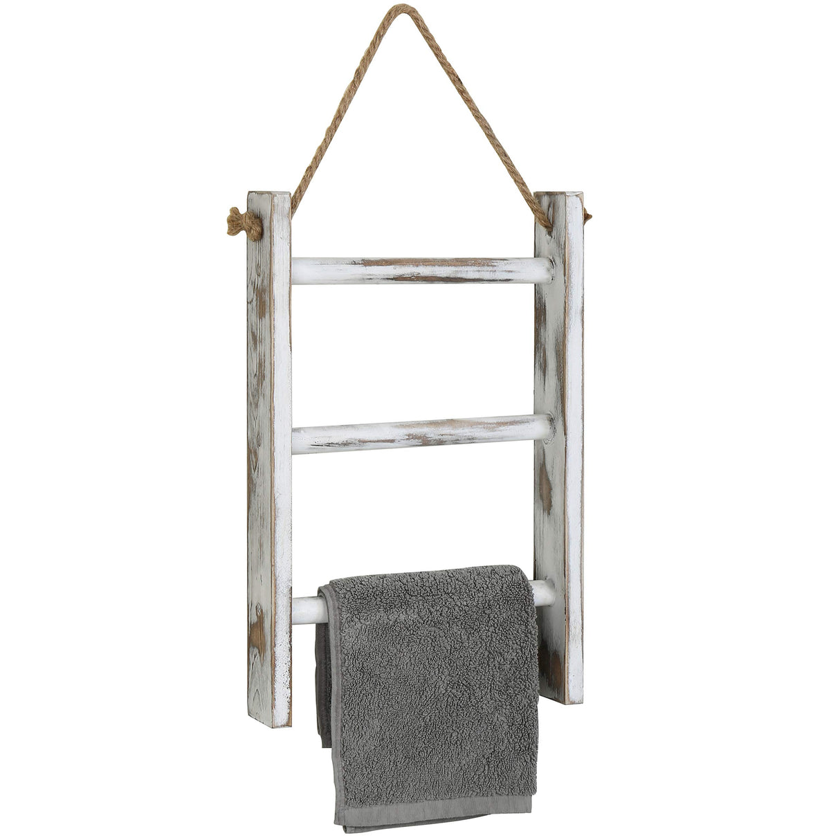 MyGift Rustic Whitewashed Solid Wood Wall Hanging Hand Towel Ladder Drying Rack, 3 Tier Bathroom Washcloth Hand Towel Storage Rack with Hanger Rope MyGift