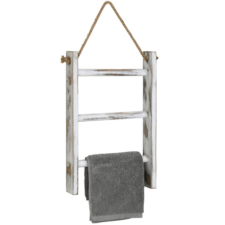 MyGift Rustic Whitewashed Solid Wood Wall Hanging Hand Towel Ladder Drying Rack, 3 Tier Bathroom Washcloth Hand Towel Storage Rack with Hanger Rope MyGift