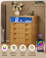 FUSOU Fluted Night Stand for Bedroom, Storage Organizer with 4 Drawers, Chest of Drawers with LED Light & Charging Station, Modern Farmhouse Dresser for Bedroom, Living Room, Hallway, Natural Oak FUSOU