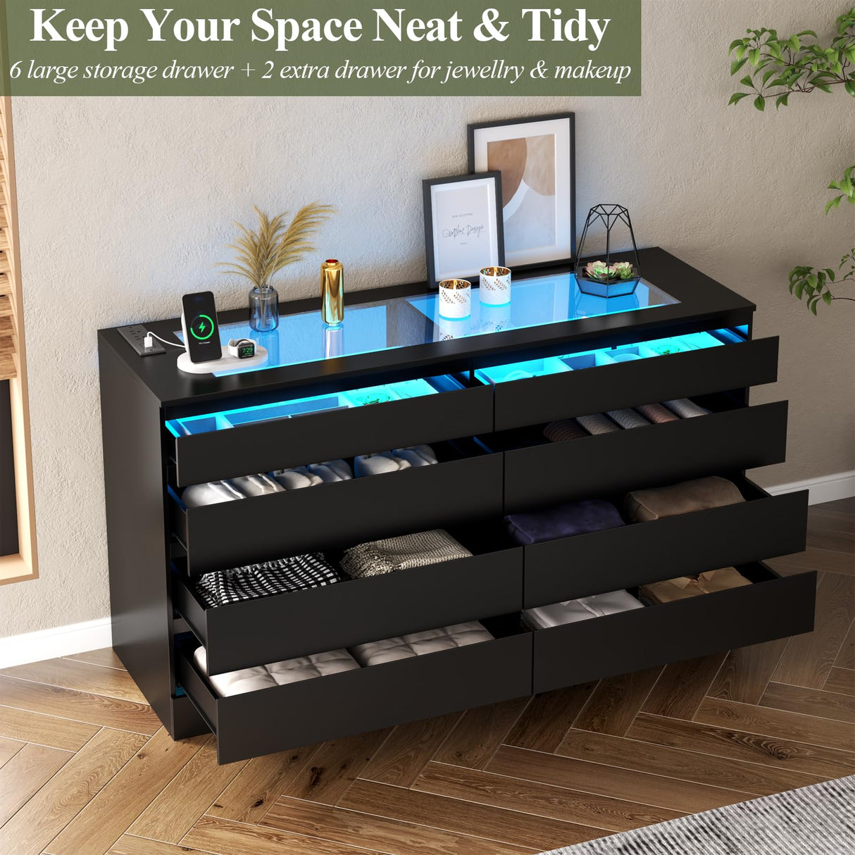 Gyfimoie 8 Drawer Dresser with Power Outlet, White Dresser for Bedroom Chest of Drawer with Glass Top & LED Light, Modern Double Wide Drawer Organizer Cabinet for Living Room (Black) Gyfimoie