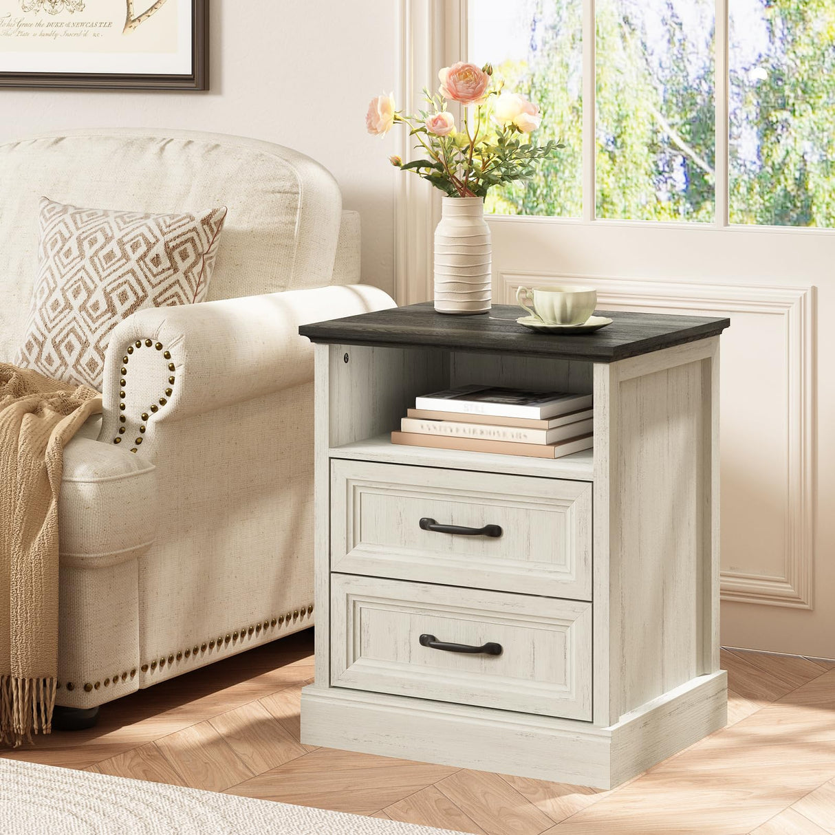 CARPETNAL 20" Farmhouse Nightstand, End Table with 2 Large Drawers & Open Storage, Side Table, Bedside Cabinet for Bedroom, Living Room, White CARPETNAL