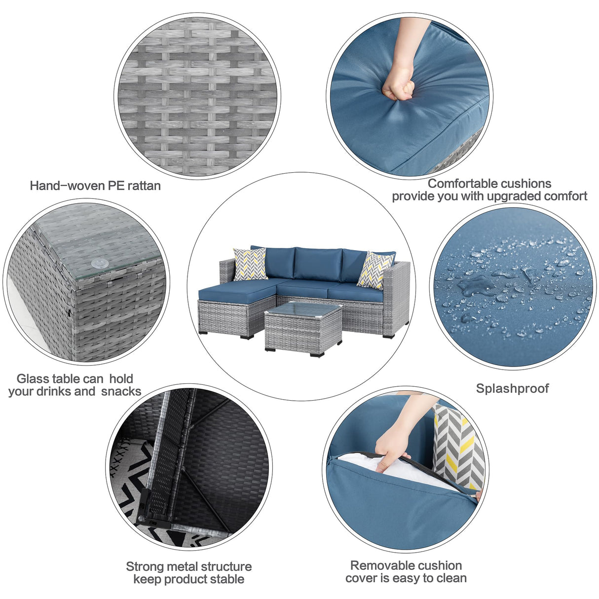 Shintenchi 3 Pieces Patio Furniture Set,All-Weather Rattan Patio Conversation Set,Outdoor Sectional Silver Wicker Patio Couch with Washable Cushions and Glass Coffee Table(Navy Blue) Shintenchi