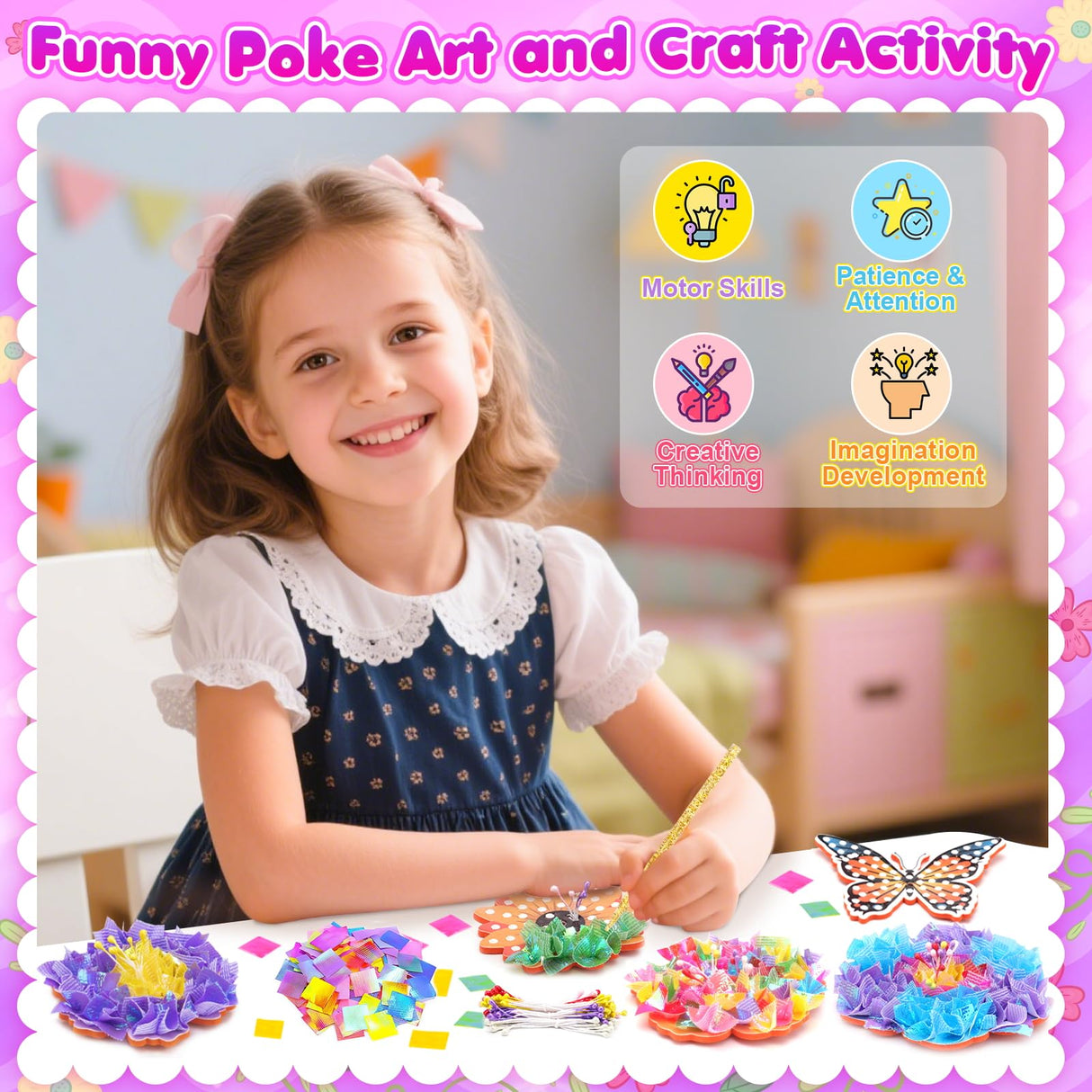 DREACAREFT Poke Art and Craft Flower Bouquet Kits for Girls, 8 Flowers & 2 Butterflies with Wooden Vase, Mess Free DIY Creative Activity, Birthday Gifts Toys for 5 6 7 8+ Year Old Girls DREACAREFT