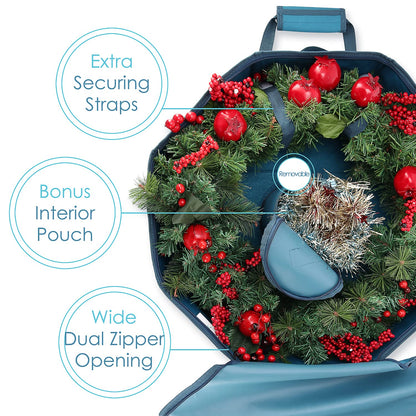 Hearth & Harbor Wreath Storage Container - Hard Shell Christmas Wreath Storage Bag with Interior Pockets, Dual Zipper and Handles - 30" Premium Wreath Storage Organizer Box