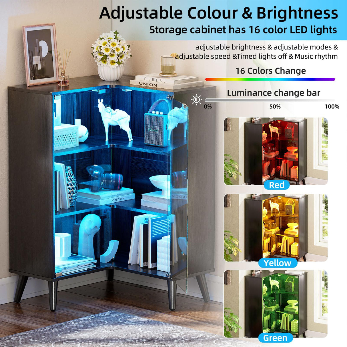 PAKASEPT 3-Tier Corner Glass Display Cabinet with LED Lights for Collectibles,Display Case with Tempered Glass Doors,Curio Cabinet with 6 Adjustable Shelves,Kids Bookcase for Bedroom, Living Room PAKASEPT
