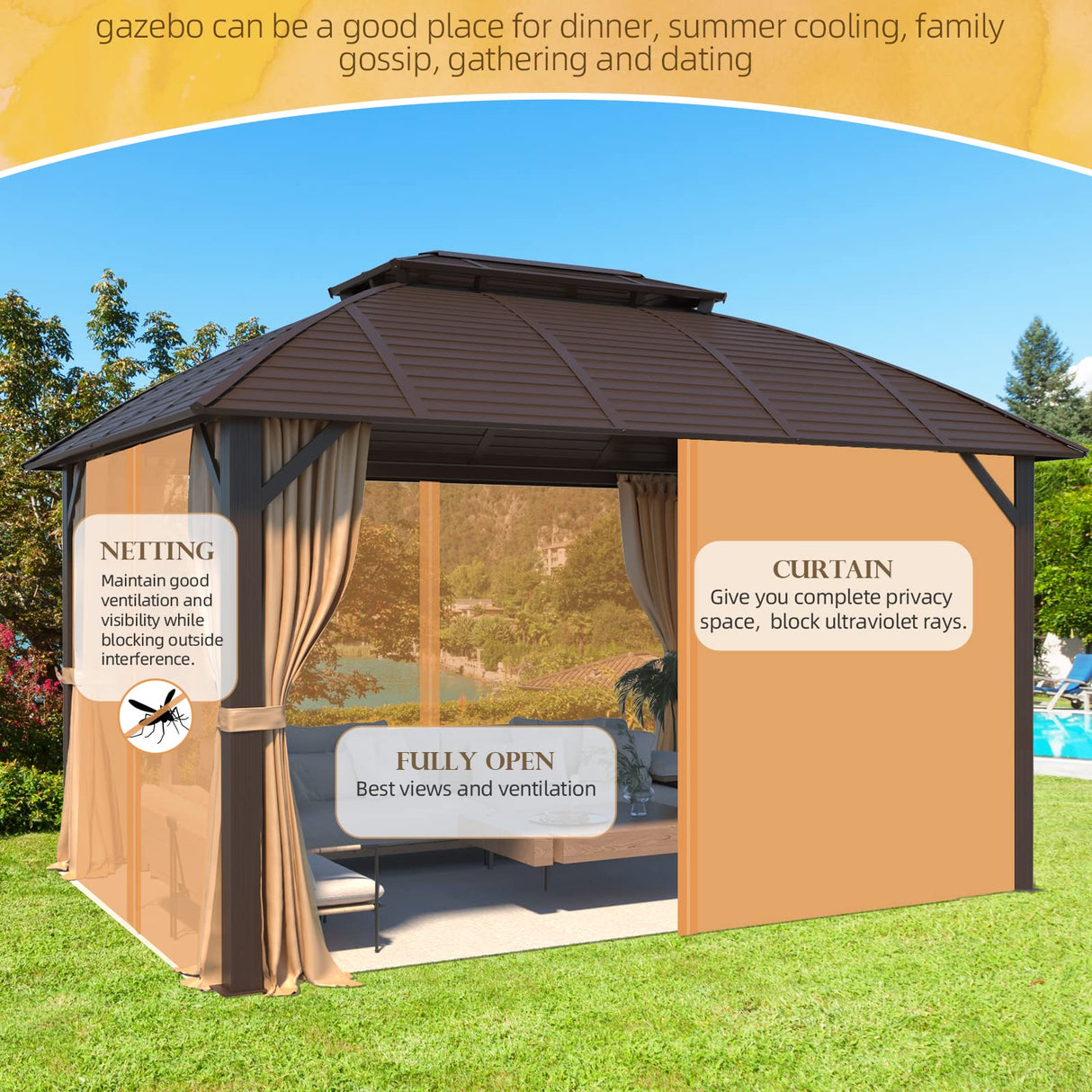 YOLENY 10' x 13' Hardtop Gazebo with Galvanized Steel Roof, Double Arc Roof Gazebo with Aluminum Frame, Outdoor Gazebo with Curtain&Netting, Sunshade for Gardens, Lawns, Deck YOLENY