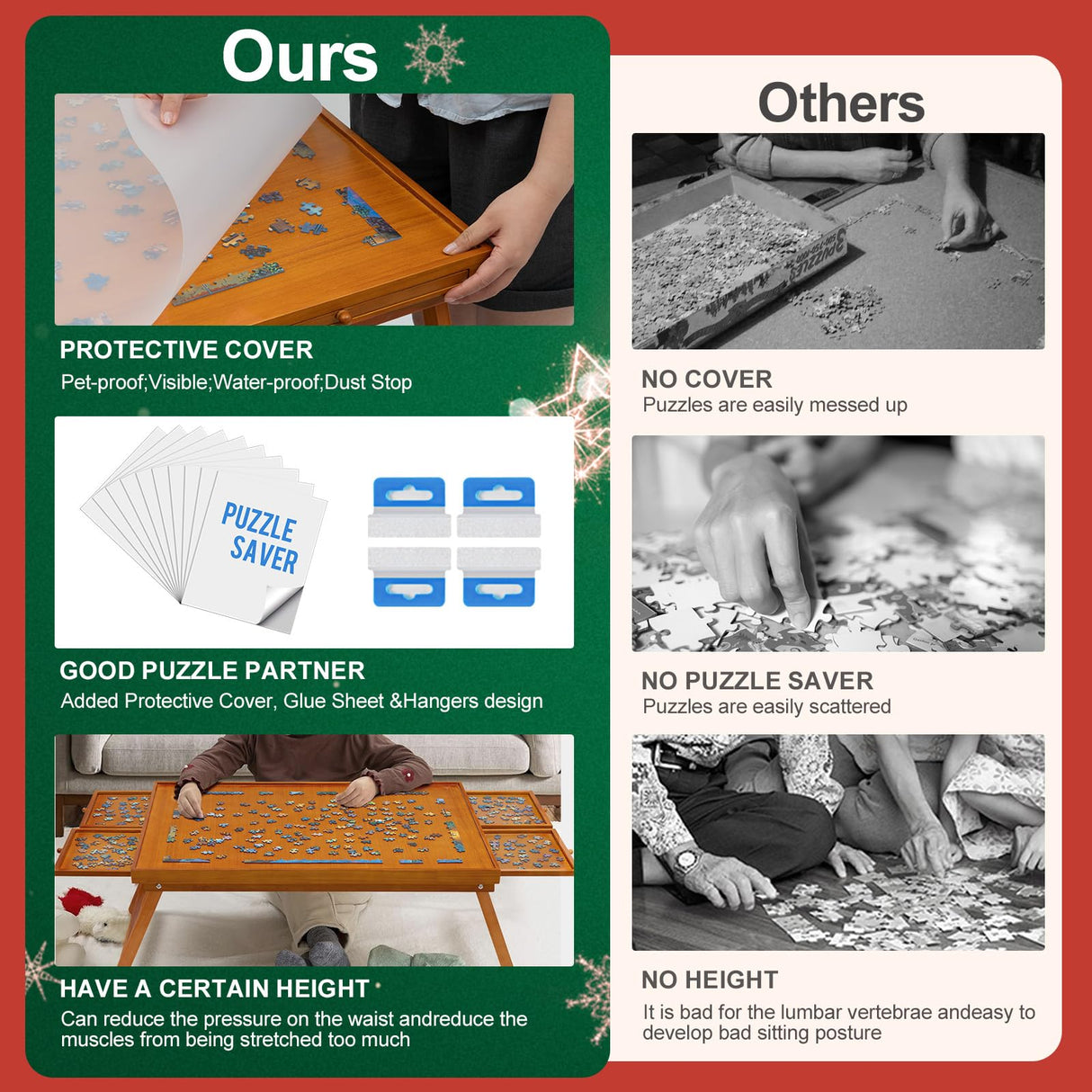 TEAKMAMA 1500 Piece Wooden Jigsaw Puzzle Board with 4 Drawers, Folding Puzzle Table with Protective Cover, Puzzle Board with Legs, Multifunctional Puzzle Board for Adults, 34W x 26.3D, Brown TEAKMAMA