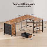 Huuger 63 Inch L Shaped Desk with Fabric Drawers, Reversible Computer Gaming Desk with Power Outlets and USB-C Port, Adjustable Side Storage Shelves, for Work Study Corner Home Office, Rustic Brown Huuger