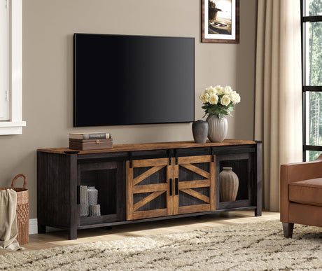 Wampat 70" Farmhouse TV Stand with Mesh Doors, Entertainment Center for 75" TV, Adjustable Shelves, 2 Storage Cabinets, Console Table for Living Room, Antique Brown & Black WAMPAT