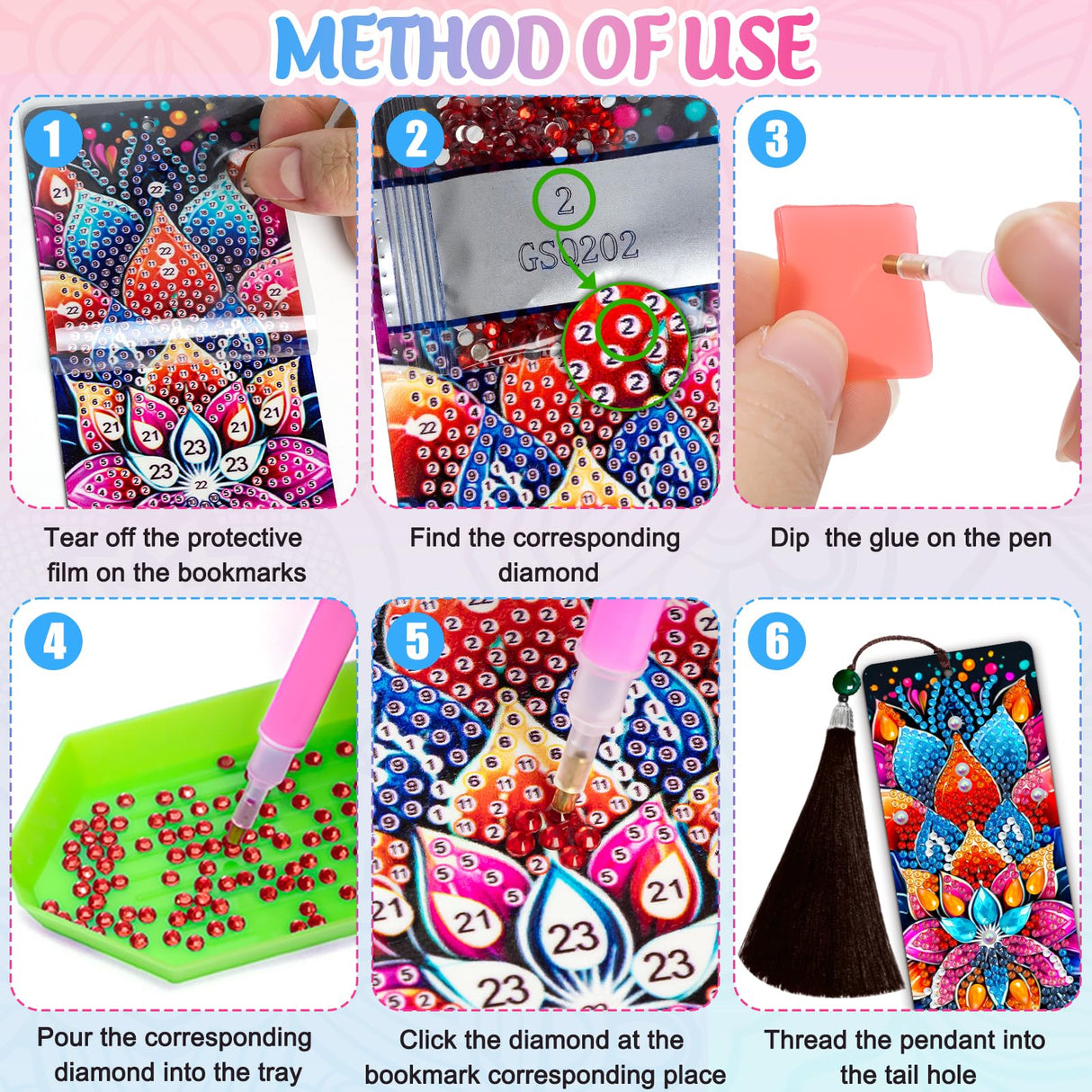 Wivico 6 Pcs Diamond Art Bookmarks Kits for Adults,DIY Small Diamond Painting Bookmark, 5D Diamonds Dot Craft Making for Book Lovers(Mandala) Wivico