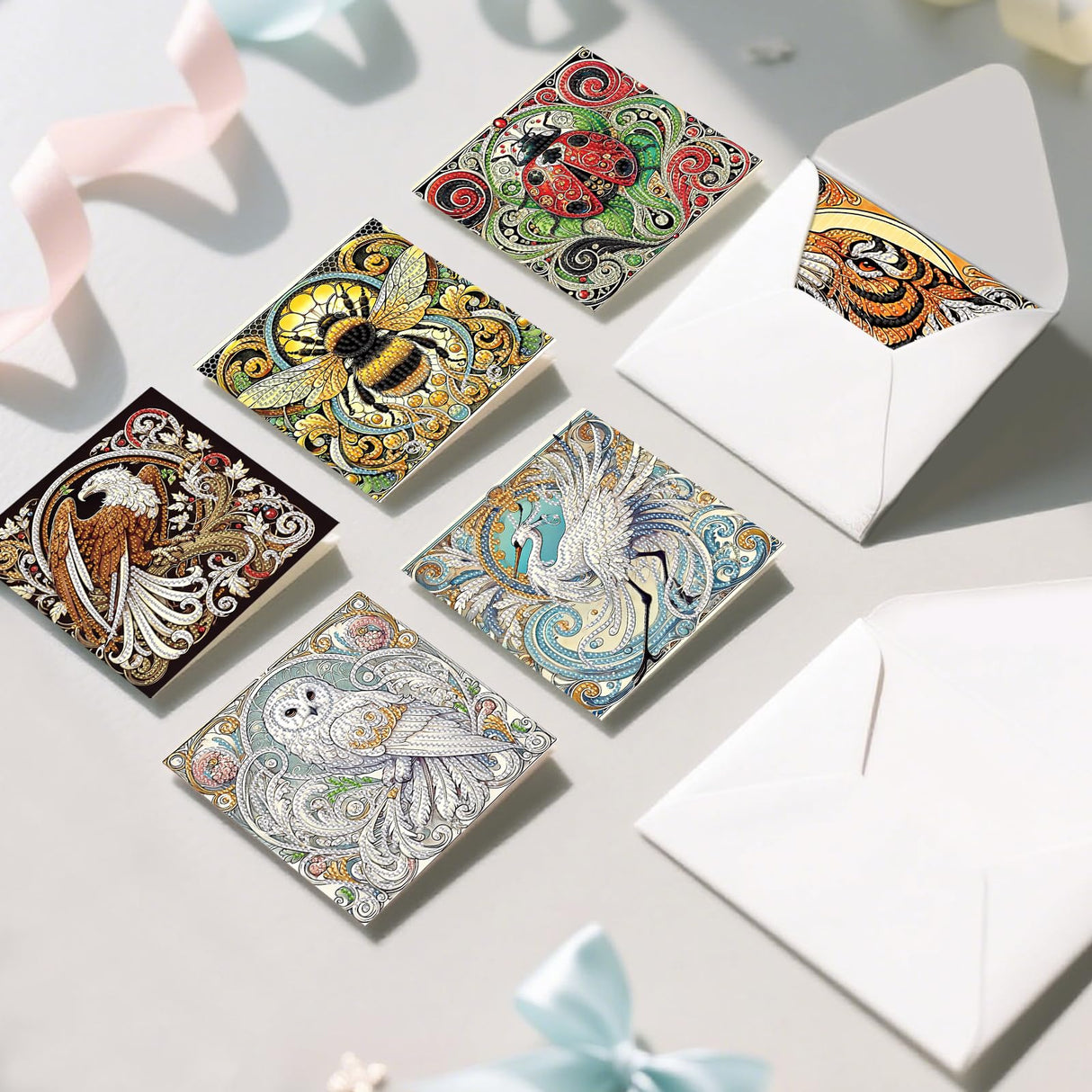 6 Pack Animal Diamond Art Greeting Cards with Envelopes, DIY 5D Diamond Painting Card Kit Featuring Phoenix Owl Bee Eagle Ladybug and Tiger, Handmade Rhinestone Craft Cards for Birthday and Holiday AiYuanzsh