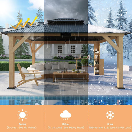 AMERLIFE 13x15 Spruce Wood Gazebo, Hardtop Gazebo with Double Iron Roof & Storage bar, Outdoor Paviloin with Wood Frame for Patio, Parties, Garage, Lawns AMERLIFE