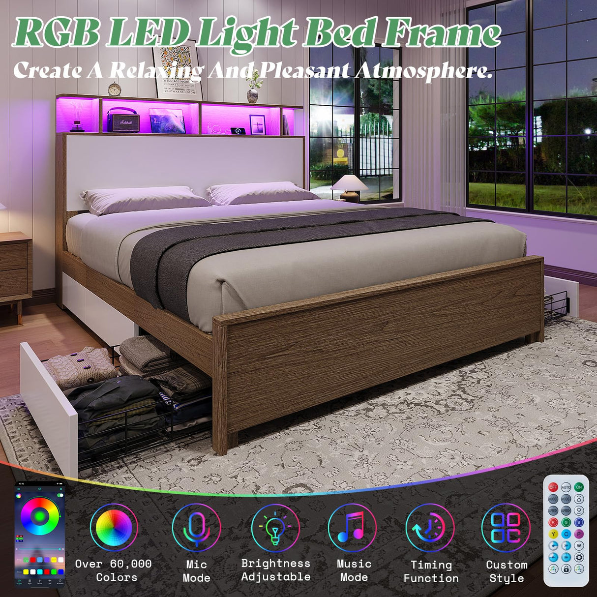 AMERLIFE Queen Size Bed Frame with 49.2" Tall Bookcase Headboard and LED Light, Rustic Platform Bed with Charging Station and 4 Storage Drawers, No Box Spring Needed, Rustic Brown AMERLIFE