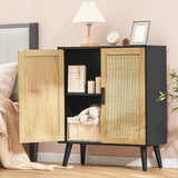 Iwell Storage Cabinet, Rattan Cabinet with Adjustable Shelf & Doors, Buffet Cabinet with Storage, Accent Cabinet for Living Room, Kitchen, Entryway, Natural+ Black Iwell