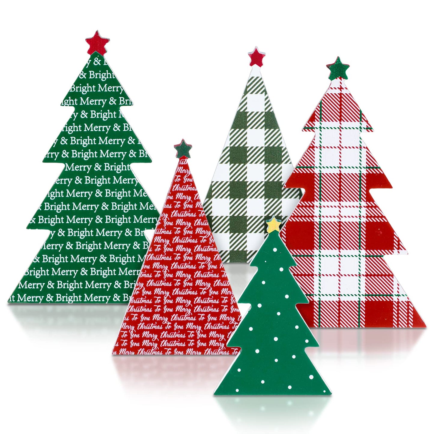 Whaline 5Pcs Wooden Christmas Tree Tabletop Decoration 3 Sizes Red Green Plaid Xmas Tree Table Centerpieces Rustic Sanding Christmas Tree Wood Sign for Home Office Fireplace Farmhouse